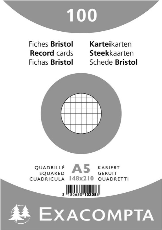 Fiches Bristol perforées blanches petits carreaux, Exacompta (format A4, 21  x 29,7 cm, x 50)